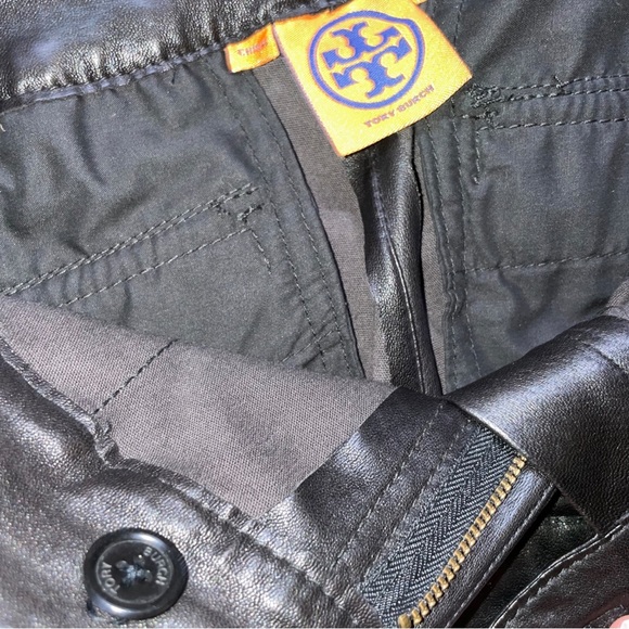 TORY BURCH Black Leather Stretch Skinny Straight Cargo Moto Pants Women’s 8 - Picture 4 of 7